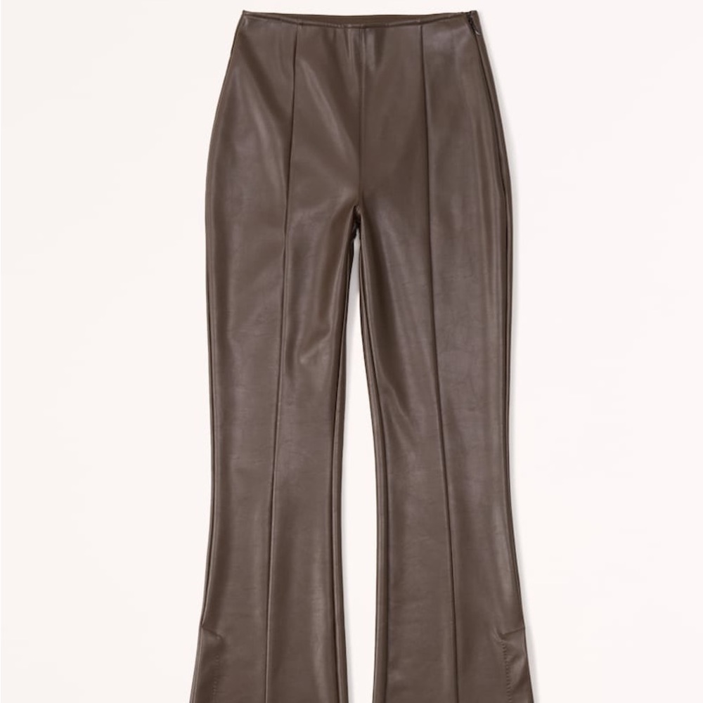 Brown Split-Hem Vegan Leather Slim Flare Pants